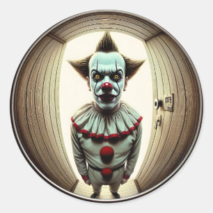 Intense Clown Staring Through Doorway Fisheye Classic Round Sticker