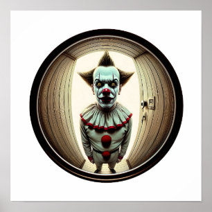 Intense Clown Staring Through Doorway   Fisheye Poster