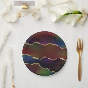 Intense Dark Agate Moody Rainbow Jewel Tone Paper Plate