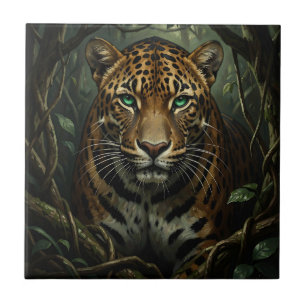 Intense Green Eyed Jaguar Jungle Ceramic Tile