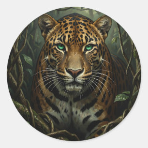 Intense Green Eyed Jaguar Jungle Classic Round Sticker