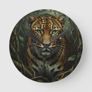 Intense Green Eyed Jaguar Jungle Round Clock