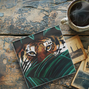 Intense Green Jungle Tiger Eyes Wildlife Leaves Glass Coaster