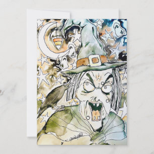 intense Halloween witch art w/ crow & bats Holiday Card