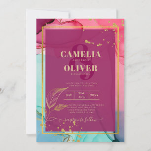 Intense PINK Turquoise GOLD WEDDING Alcohol Ink Invitation