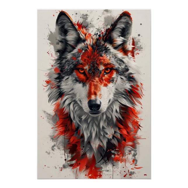 Intense red wolf with striking abstract elements.  poster (Front)
