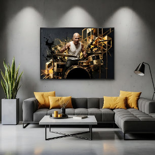 Intense Rock Drummer Gold & Black Music Design Poster