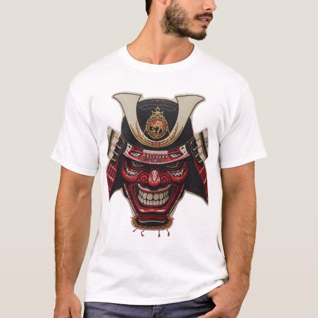 Intense Samurai Warrior Oni Mask Graphic T-Shirt (Front)