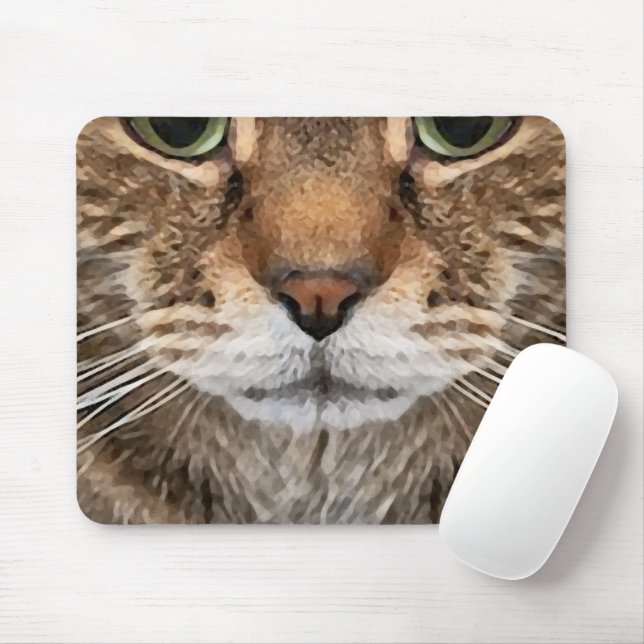 Intense Tabby Cat Puss Face - Green Eyes Phot Mouse Pad (With Mouse)