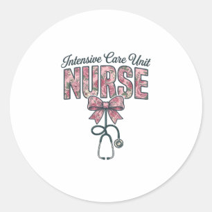 Intensive Care Unit Nurse Floral Bow Shirt Design_ Classic Round Sticker