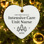 Intensive Care Unit Nurse New Job Christmas Ceramic Ornament<br><div class="desc">First Christmas as an intensive care unit nurse heart ornament for a coworker,  friend,  or family member. Elegant porcelain ceramic holiday ornaments in white with black lettering. Featuring Christmas trees and stars.</div>