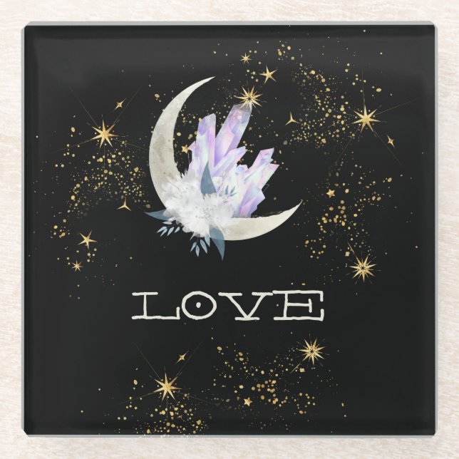 *~*  INTENTION LOVE Gold Celestial Crystal Moon Glass Coaster (Front)