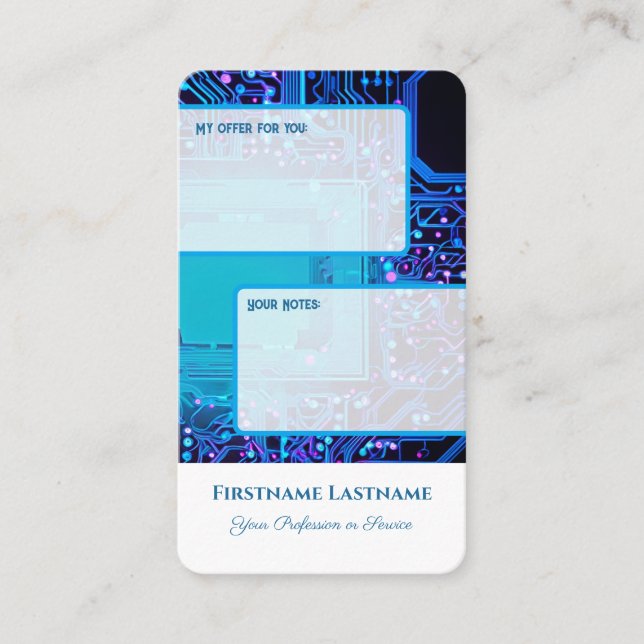 Interactive personal offer and customer notes neon business card (Front)