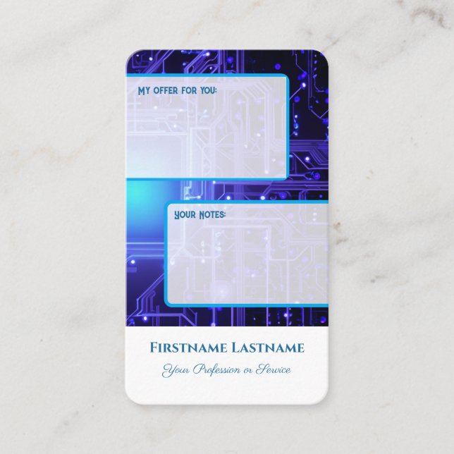 Interactive personal offer and customer notes neon business card (Front)