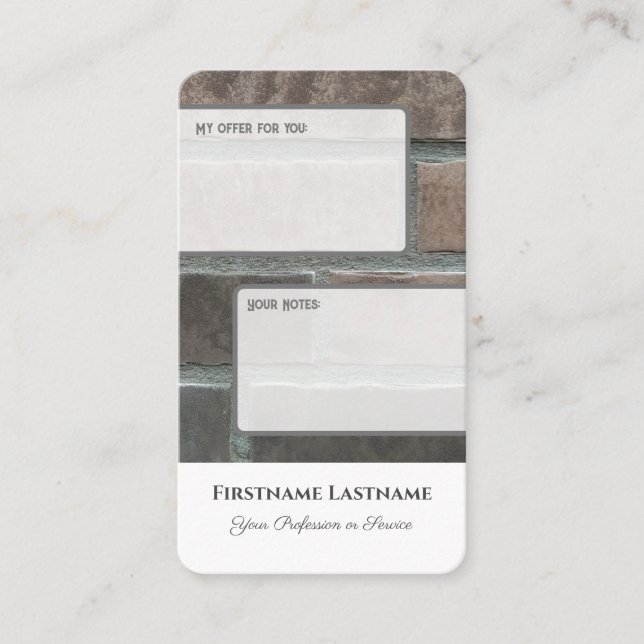 Interactive personal offer customer notes bricks business card (Front)