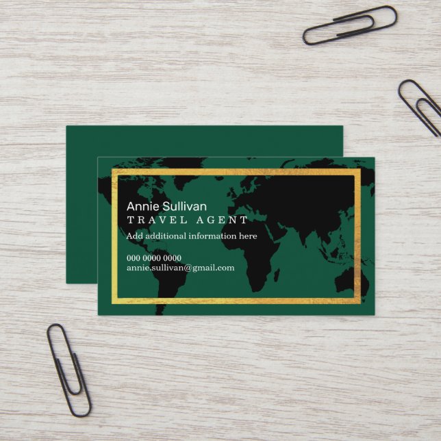 Intercontinental Travel Agent World Map Green Business Card (Front/Back In Situ)
