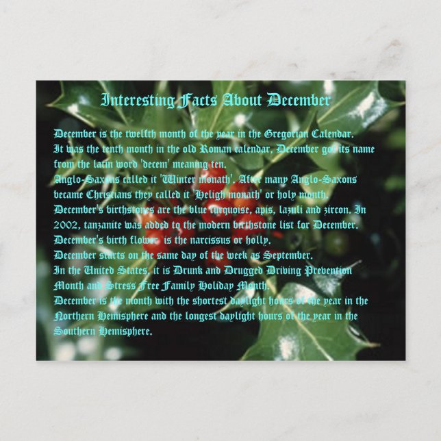 Interesting Facts About December Postcard (Front)