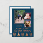 Interfaith 3 Photo Simple Modern Navy Rose Gold Foil Holiday Postcard<br><div class="desc">These simple 3 photo holiday postcards in navy with real rose gold foil printing are a fun choice for your interfaith family. A row of menorahs and trees paired with simple modern fonts keep the design uncluttered to feature your family's pictures. These interfaith holiday real foil postcards reverse to a...</div>