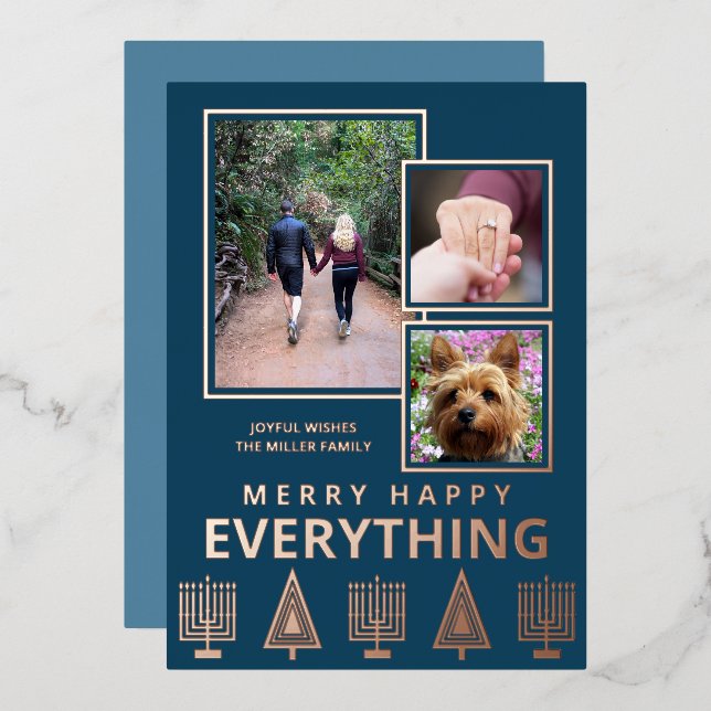 Interfaith 3 Photo Simple Trendy Navy Rose Gold Foil Holiday Card (Front/Back)