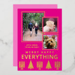 Interfaith 3 Photo Simple Trendy Pink Gold Foil Holiday Card<br><div class="desc">These simple 3 photo greeting cards in vibrant hot pink with real gold foil printing are perfect for your interfaith family. A row of menorahs and trees with simple modern fonts keep the design uncluttered and showcase your family's pictures. These interfaith holiday flat cards reverse to a medium pink with...</div>