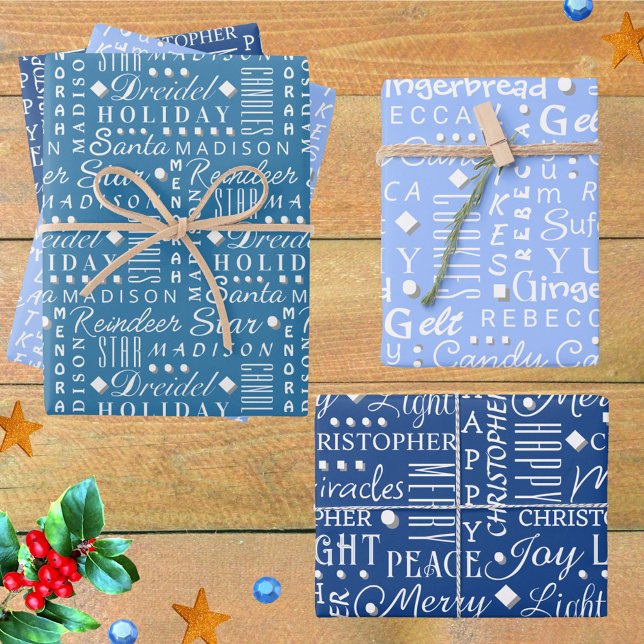 Interfaith Holiday WordArt White On Blue Kids Name Wrapping Paper Sheet (Add your child's name to this fun interfaith gift wrap celebrating Christmas and Hanukkah together)