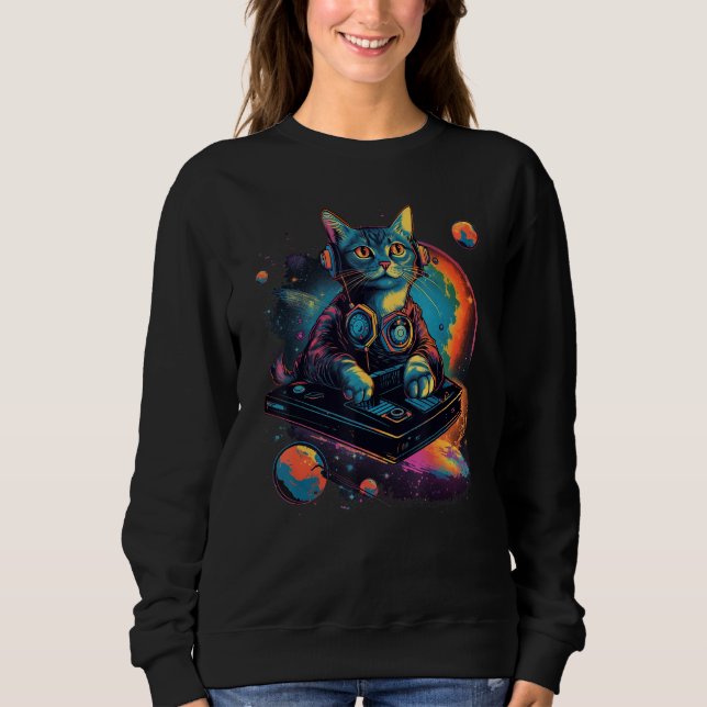 Intergalactic Cosmic DJ Cat Vibrant Retro Futurist Sweatshirt (Front)