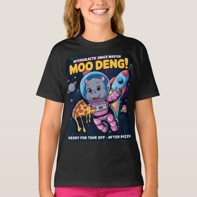 Intergalactic Moo Deng Baby Hippo Pizza Adventure T-Shirt (Front)