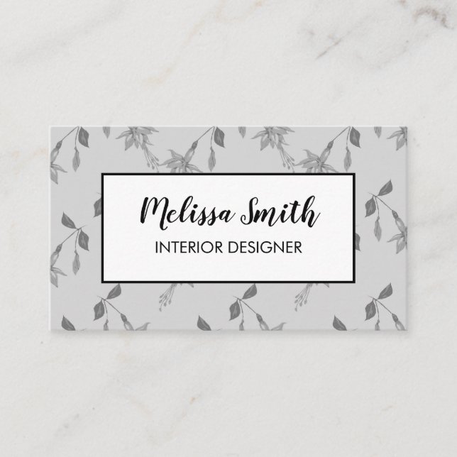 Interior Design Floral Pattern Grey Business Card (Front)