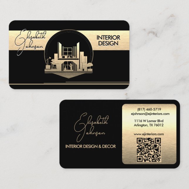 Interior Design or Architect Logo Black and Gold Business Card (Front/Back)