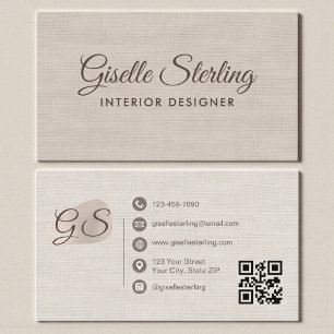 Interior Designer Beige Linen Elegant QR Code Business Card