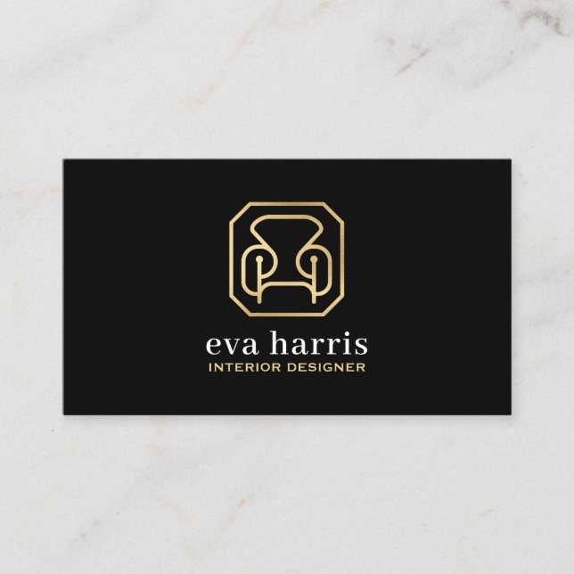 Interior Designer Elegant Black & Gold Logo Business Card (Front)