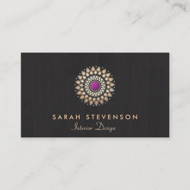 Interior Designer Gold and Purple Motif Wood Look Business Card (Front)
