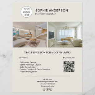 Interior Designer Logo Photo QR Neutral Business Flyer