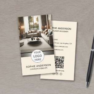 Interior Designer Logo Photo QR Social Media Cream Business Card