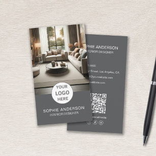 Interior Designer Logo Photo QR Social Media Grey Business Card