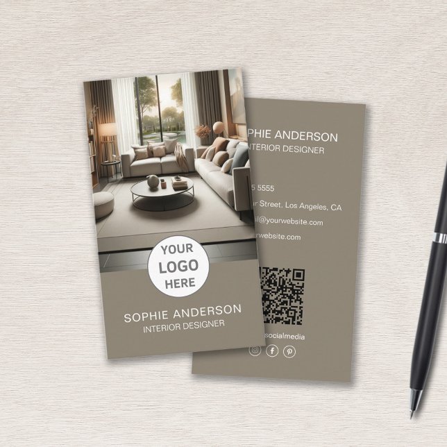 Interior Designer Logo Photo QR Social Media Taupe Business Card (Interior Designer Logo Photo QR Social Media Taupe Business Card)