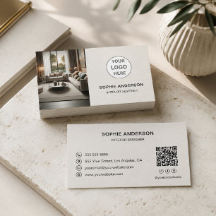Interior Designer Logo QR Code Neutral Beige Business Card