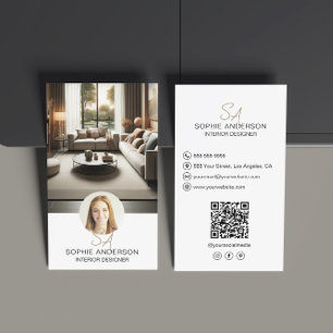 Interior Designer Monogram Photo QR White Business Card