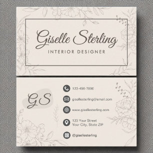 Interior Designer Neutral Ivory Floral Elegant Business Card
