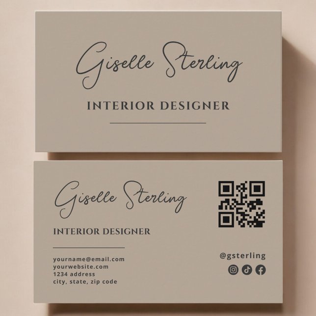 Interior Designer Neutral Taupe Script QR Code Business Card (Creator Uploaded)