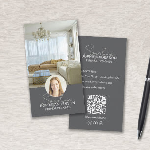 Interior Designer Photo QR Script Name Grey Business Card