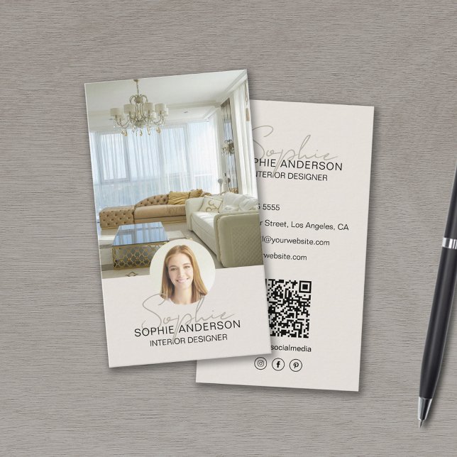 Interior Designer Photo QR Script Name Tan Business Card (Interior Designer Photo QR Script Name Tan Business Card)