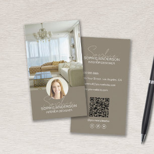 Interior Designer Photo QR Script Name Taupe Business Card