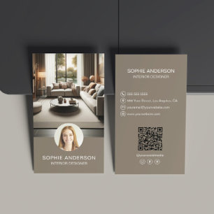 Interior Designer Photo QR Social Media Taupe Business Card
