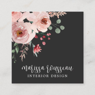 Interior Designer Pink Floral Botanical Black Squa Square Business Card