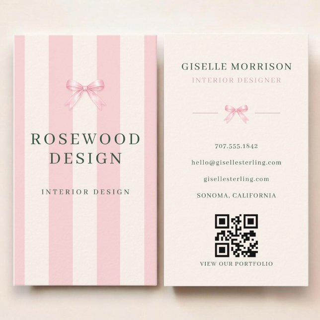 Interior Designer Pink Green Striped Bow QR Code Business Card (Creator Uploaded)