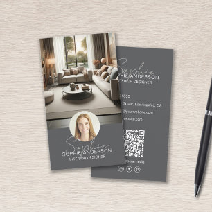 Interior Designer Script Name Photo QR Grey Business Card
