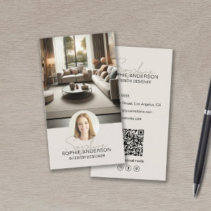 Interior Designer Script Name Photo QR Tan Business Card