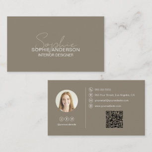 Interior Designer Script Name Photo QR Taupe Business Card