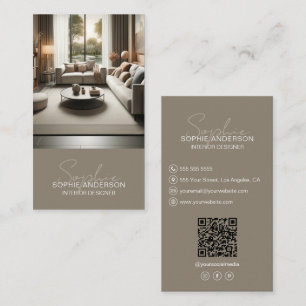 Interior Designer Script Name Photo QR Taupe Business Card